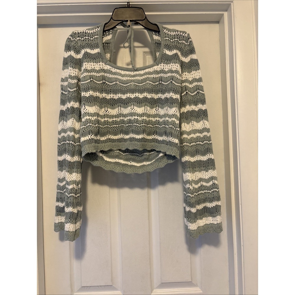 Women's XL Green White Stripe Crochet Knit Crop Sweater Bell Sleeve Scallop Hem